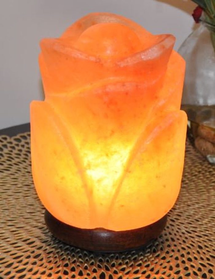 Himalayan Pink Salt Rose Flower Shape Lamp, Authentic, Dimmer Switch, Wood Base, Night Light, 8" Height, an Extra Bulb