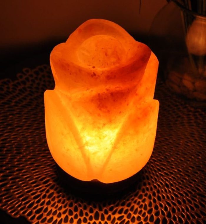 Himalayan Pink Salt Rose Flower Shape Lamp, Authentic, Dimmer Switch, Wood Base, Night Light, 8" Height, an Extra Bulb