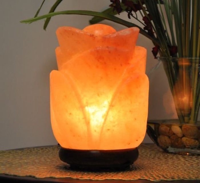 Himalayan Pink Salt Rose Flower Shape Lamp, Authentic, Dimmer Switch, Wood Base, Night Light, 8" Height, an Extra Bulb