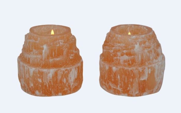 Orange Selenite Tower Shape Tealight Candle Holder | Authentic & Handmade | Home Decor | Soothing and Calming Effects | 3.5" Height