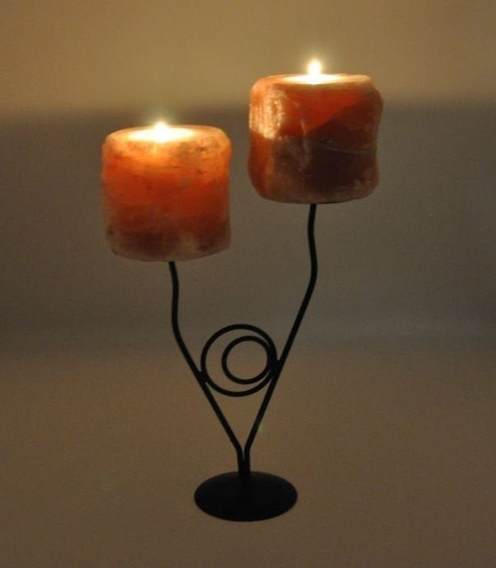 Himalayan Salt Twin Tealight Candle Holder With Metal Stand, Hand Carved, Home Decor, Perfect Gift, Soothing & Calming Effects, 13.5" Height