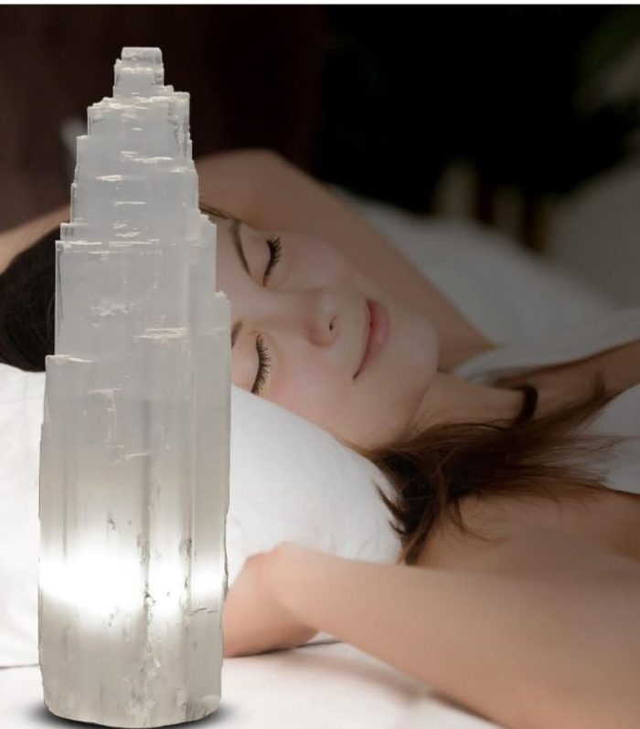 Selenite Tower Skyscraper Lamp, Handmade, Dimmer Switch, Meditation, Calming & Soothing Environment