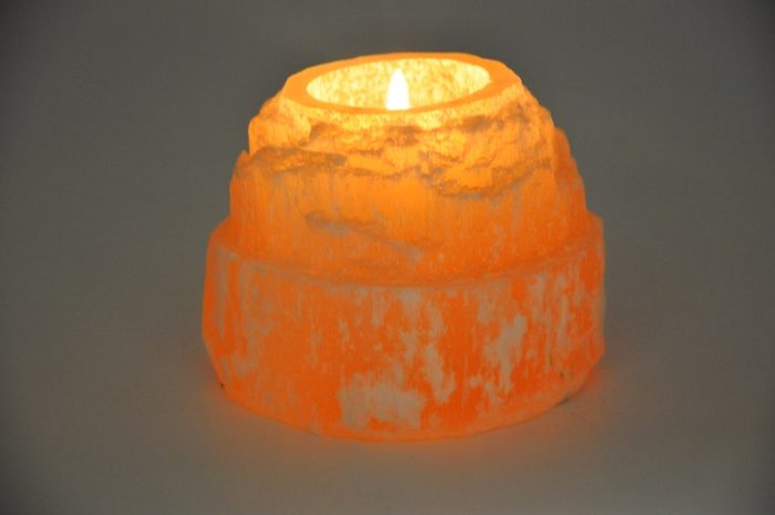 Orange Selenite Tower Shape Tealight Candle Holder | Authentic & Handmade | Home Decor | Soothing and Calming Effects | 3.5" Height