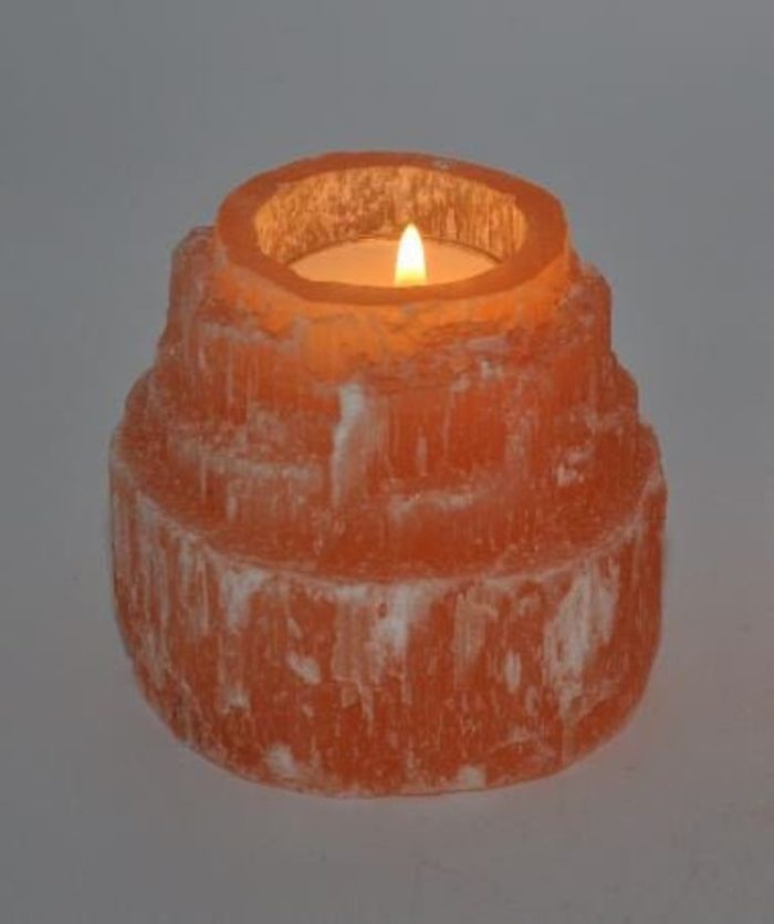 Orange Selenite Tower Shape Tealight Candle Holder | Authentic & Handmade | Home Decor | Soothing and Calming Effects | 3.5" Height