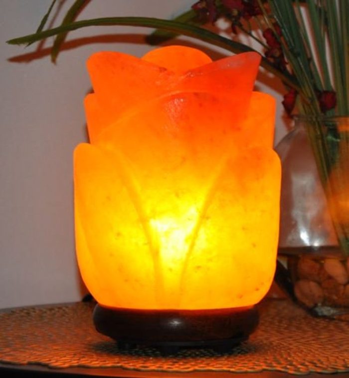 Himalayan Pink Salt Rose Flower Shape Lamp, Authentic, Dimmer Switch, Wood Base, Night Light, 8" Height, an Extra Bulb