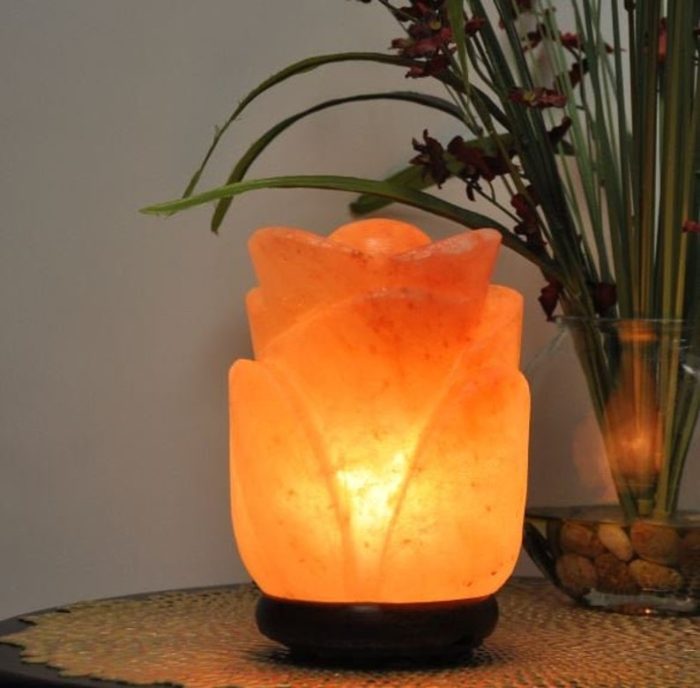 Himalayan Pink Salt Rose Flower Shape Lamp, Authentic, Dimmer Switch, Wood Base, Night Light, 8" Height, an Extra Bulb