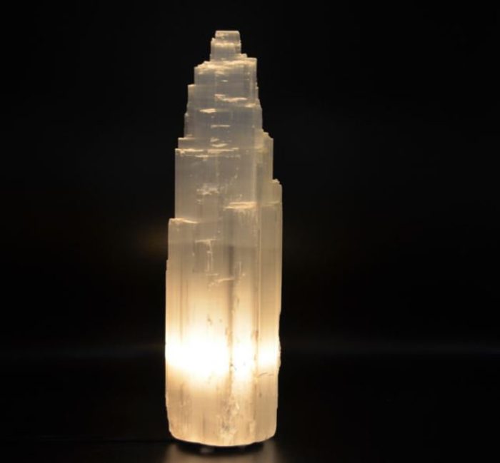 Selenite Crystal Lamp, Selenite Tower Skyscraper Lamp, Handmade, Dimmer Switch, Meditation, Calming & Soothing Environment, 40 cm (16 inch)