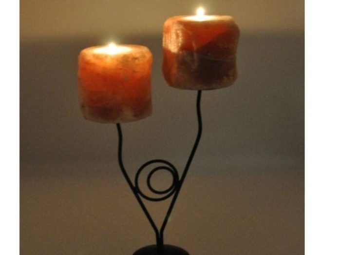 Himalayan Salt Twin Tealight Candle Holder With Metal Stand, Hand Carved, Home Decor, Perfect Gift, Soothing & Calming Effects, 13.5" Height