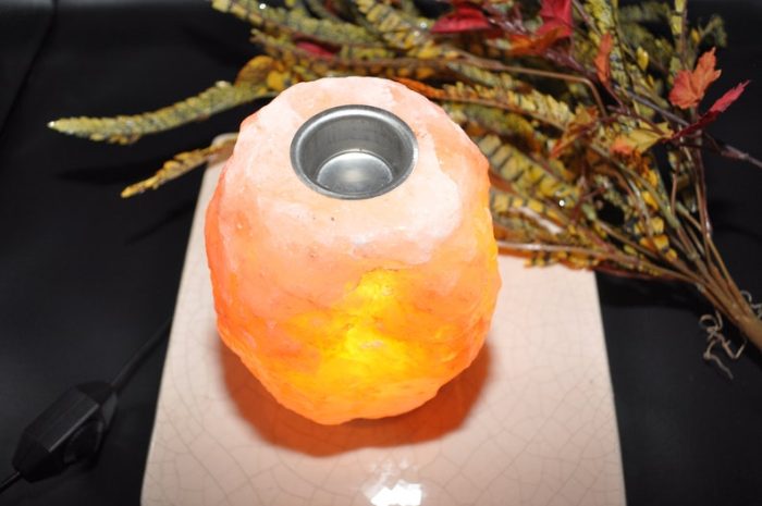 Himalayan Salt Natural Shape Lamp Oil Burner, Himalayan Salt Wax Burner, Dimmer Switch, Wood Base, 6" Height, an Extra Bulb