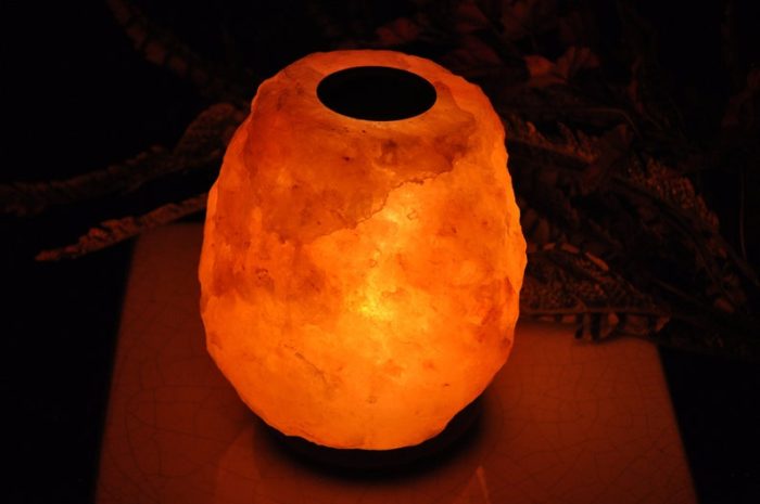 Himalayan Salt Natural Shape Lamp Oil Burner, Himalayan Salt Wax Burner, Dimmer Switch, Wood Base, 6" Height, an Extra Bulb