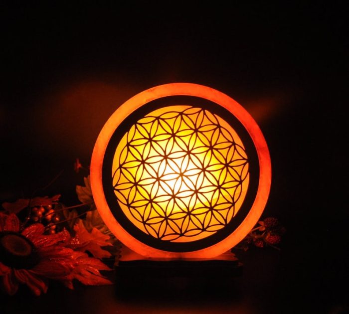 Himalayan Salt Lamp With Flower Of Life Carved Wood Sheet, Pink Salt Lamp, Dimmer Switch, Wood Base, Home Decor, an Extra Bulb