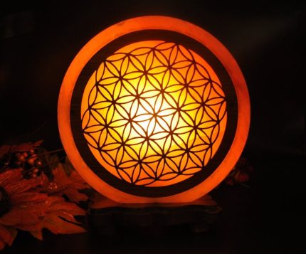 Himalayan Salt Lamp With Flower Of Life Carved Wood Sheet