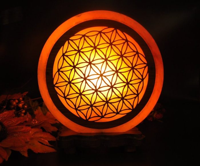 Himalayan Salt Lamp With Flower Of Life Carved Wood Sheet