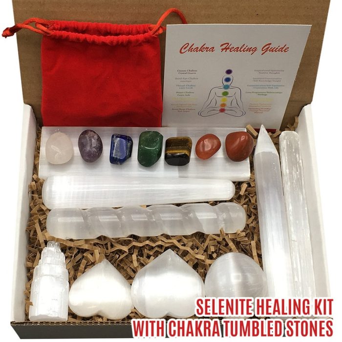 16 Pieces Healing and Cleansing Kit | Selenite Crystals With Chakra Tumbled Stones and Chakra Guide | Selenite and Chakra Wellness Kit