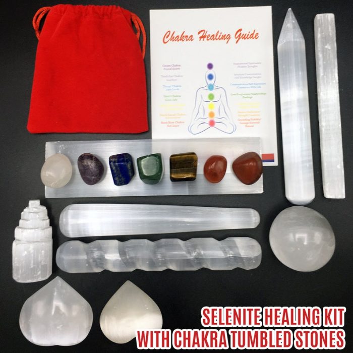 16 Pieces Healing and Cleansing Kit | Selenite Crystals With Chakra Tumbled Stones and Chakra Guide | Selenite and Chakra Wellness Kit