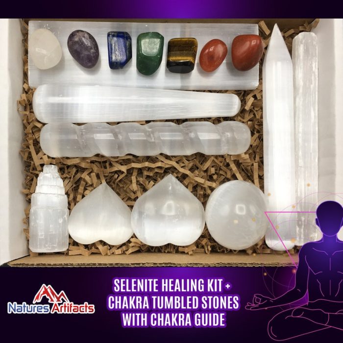 16 Pieces Healing and Cleansing Kit | Selenite Crystals With Chakra Tumbled Stones and Chakra Guide | Selenite and Chakra Wellness Kit