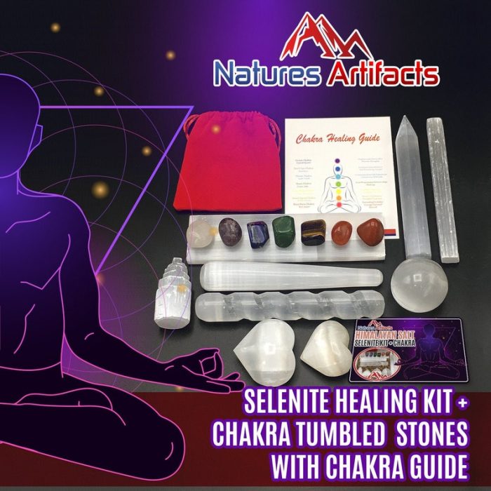 16 Pieces Healing and Cleansing Kit | Selenite Crystals With Chakra Tumbled Stones and Chakra Guide | Selenite and Chakra Wellness Kit