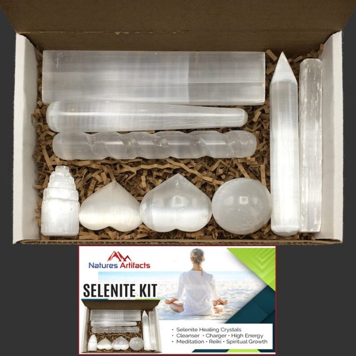 9 Pieces Selenite Healing & Cleansing Kit | Selenite Healing Crystals | Wellness Kit | Reiki | Metaphysical | Meditation | Powerful Healer