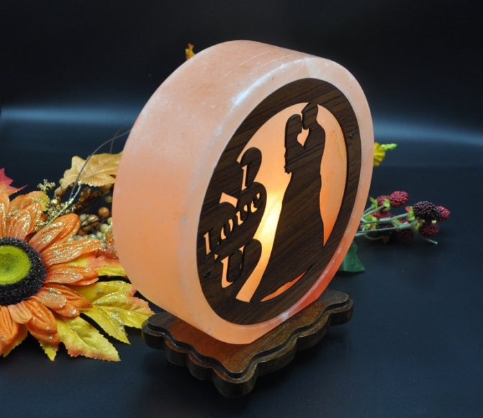 Himalayan Salt Lamp With I Love U Carved Wood Sheet, Pink Salt Lamp, Dimmer Switch, Wood Base, Home Decor, an Extra Bulb