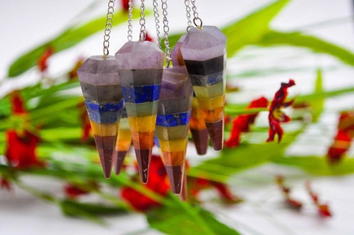 7 Chakra Bonded Pendulum With Silver Plated Chain | Polished Stones | Chakra Point Pendulum | Healing Dowsing Energy Balancing | Faceted