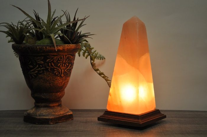 Himalayan Pink Salt Obelisk Shape Lamp, Pure & Authentic, Dimmer Switch, Wood Base, Night Light, Home Decor, 9" Height