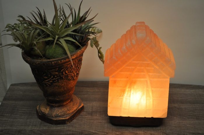 Natural Himalayan Pink Salt House Shape Lamp, Authentic, Dimmer Switch, Wood Base, Night Light, Home Decor, 8" Height