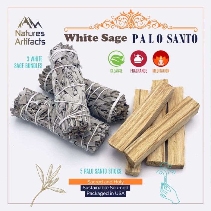 3 California White Sage & 5 Palo Santo Incense Sticks, Smudge Kit, Sustainably Sourced, Premium Quality, Authentic and Sacred, Cleansing