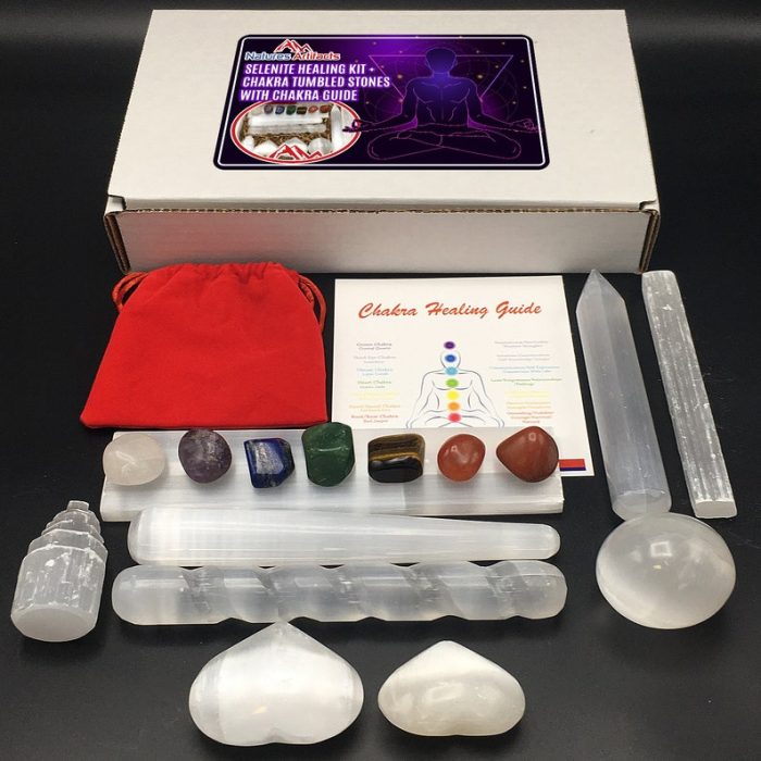 16 Pieces Healing and Cleansing Kit | Selenite Crystals With Chakra Tumbled Stones and Chakra Guide | Selenite and Chakra Wellness Kit