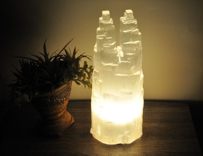 Selenite Crystal Twin Lamp, Selenite Twin Tower Skyscraper, Dimmer Switch, Meditation, Calming & Soothing Environment