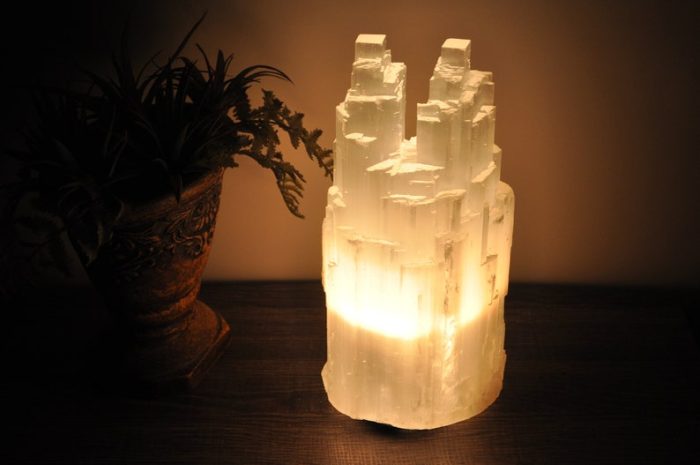 Selenite Crystal Twin Lamp, Twin Tower Skyscraper, Dimmer Switch, Meditation, Calming & Soothing Environment, 30 cm (12 inch)