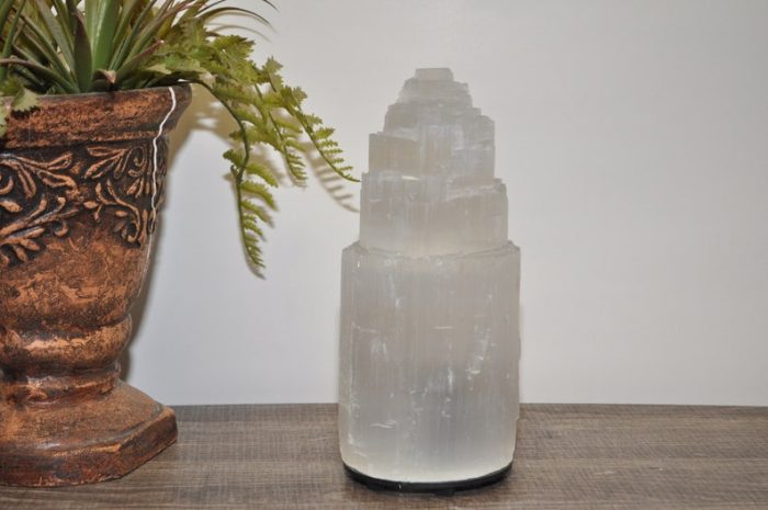 Selenite Crystal Lamp, Tower Skyscraper Lamp, Handmade, Dimmer Switch, Calming & Soothing Environment, an Extra Bulb, 20 cm (8 inch)