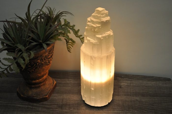 Selenite Crystal Lamp, Selenite Tower Skyscraper Lamp, Dimmer Switch, Meditation, Calming & Soothing Environment, 30 cm (12 inch)