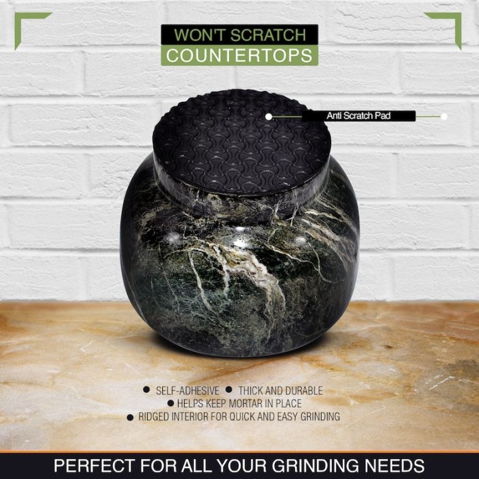 Green Zebra Marble Mortar & Pestle Set with Anti Scratch Pad | Perfect for Spices, Herbs, Seasonings | 2 Cup-Capacity | Detergent Safe