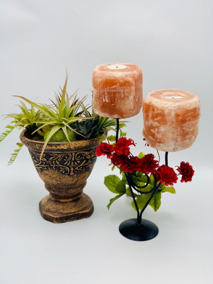 Himalayan Salt Twin Tealight Candle Holder With Metal Stand, Hand Carved, Home Decor, Perfect Gift, Soothing & Calming Effects, 13.5" Height