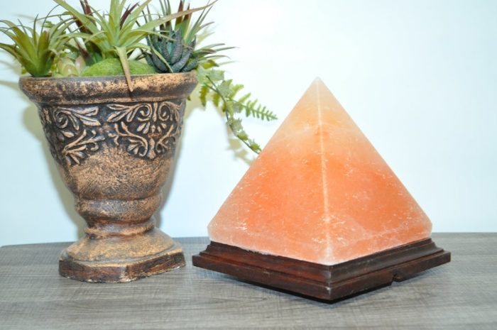 Himalayan Pink Salt Pyramid Shape Lamp, Authentic, Wooden Base, Dimmer Switch, Night Light, Home Decor, 2 Bulbs, 7" Height