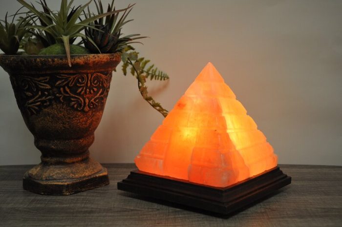 Himalayan Pink Salt Step Pyramid Lamp, Authentic, Wooden Base, Dimmer Switch, Night Light, Home Decor, 8" Height