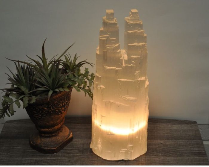 Selenite Crystal Twin Lamp, Selenite Twin Tower Skyscraper, Dimmer Switch, Meditation, Calming & Soothing Environment