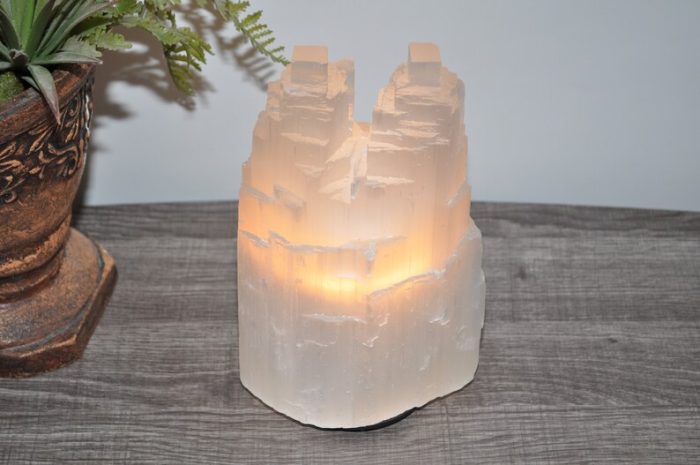 Selenite Crystal Twin Lamp, Twin Tower Skyscraper, Dimmer Switch, Meditation, Calming & Soothing Environment, 20 cm (8 inch)