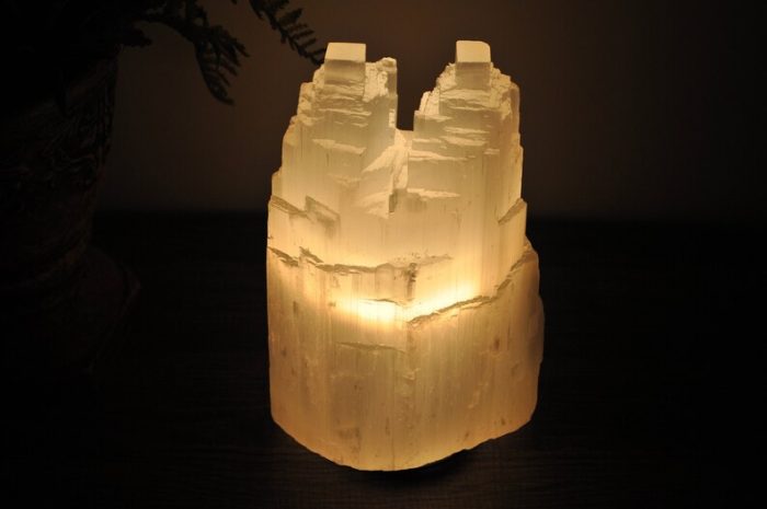 Selenite Crystal Twin Lamp, Twin Tower Skyscraper, Dimmer Switch, Meditation, Calming & Soothing Environment, 20 cm (8 inch)