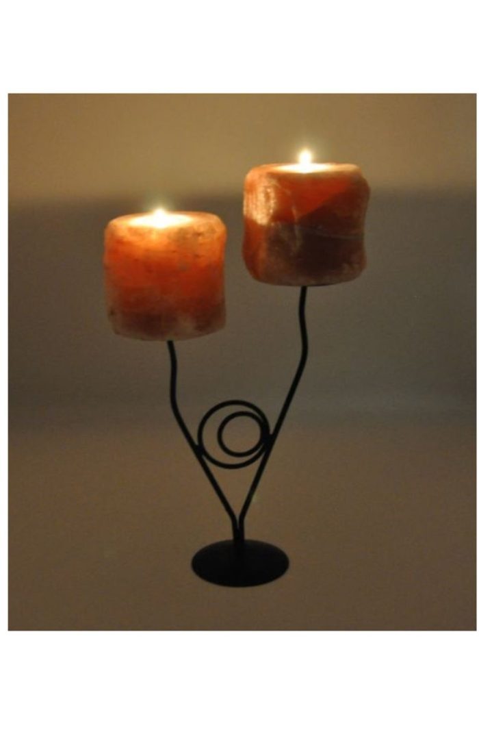 Himalayan Salt Twin Tealight Candle Holder With Metal Stand, Hand Carved, Home Decor, Perfect Gift, Soothing & Calming Effects, 13.5" Height