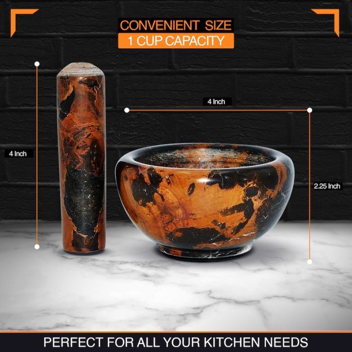 Black & Gold Marble Mortar and Pestle Set With Anti Scratch Pad | Perfect for Spices, Herbs, Seasonings | 1 Cup-Capacity | Detergent Safe