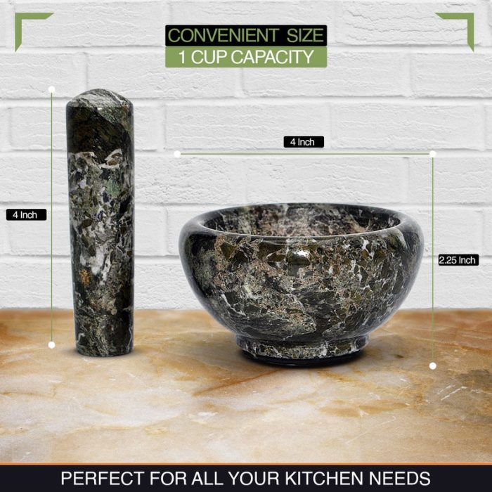 Green & Black Marble Mortar and Pestle Set with Anti Scratch Pad | Perfect for Spices, Herbs, Seasonings | 1 Cup-Capacity | Detergent Safe