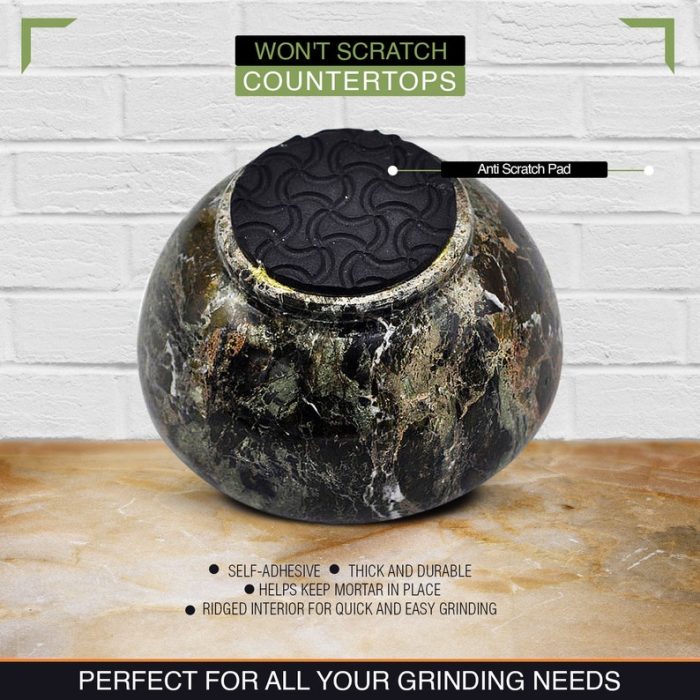 Green & Black Marble Mortar and Pestle Set with Anti Scratch Pad | Perfect for Spices, Herbs, Seasonings | 1 Cup-Capacity | Detergent Safe