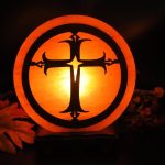 Himalayan Salt Lamp With Cross Sign Engraved on Wood Sheet, Pink Salt Lamp, Wood Base, Handmade, Home Decor, an Extra Bulb