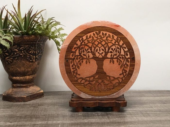 Himalayan Salt Lamp With Tree Of Life Carved Wood Sheet, Pink Salt Lamp, Dimmer Switch, Wood Base, Home Decor, an Extra Bulb