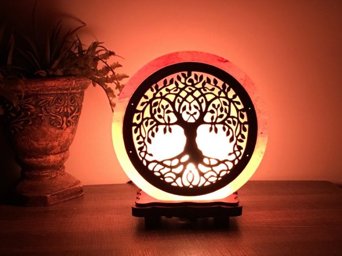 Himalayan Salt Lamp With Tree Of Life Carved Wood Sheet, Pink Salt Lamp, Dimmer Switch, Wood Base, Home Decor, an Extra Bulb