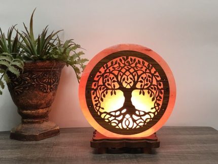 Himalayan Salt Lamp With Tree Of Life Carved Wood Sheet