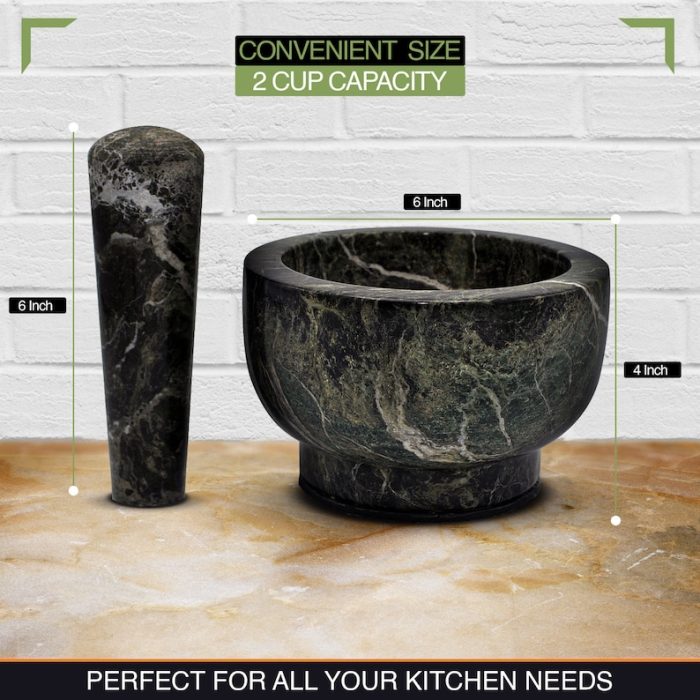 Green Zebra Marble Mortar & Pestle Set with Anti Scratch Pad | Perfect for Spices, Herbs, Seasonings | 2 Cup-Capacity | Detergent Safe