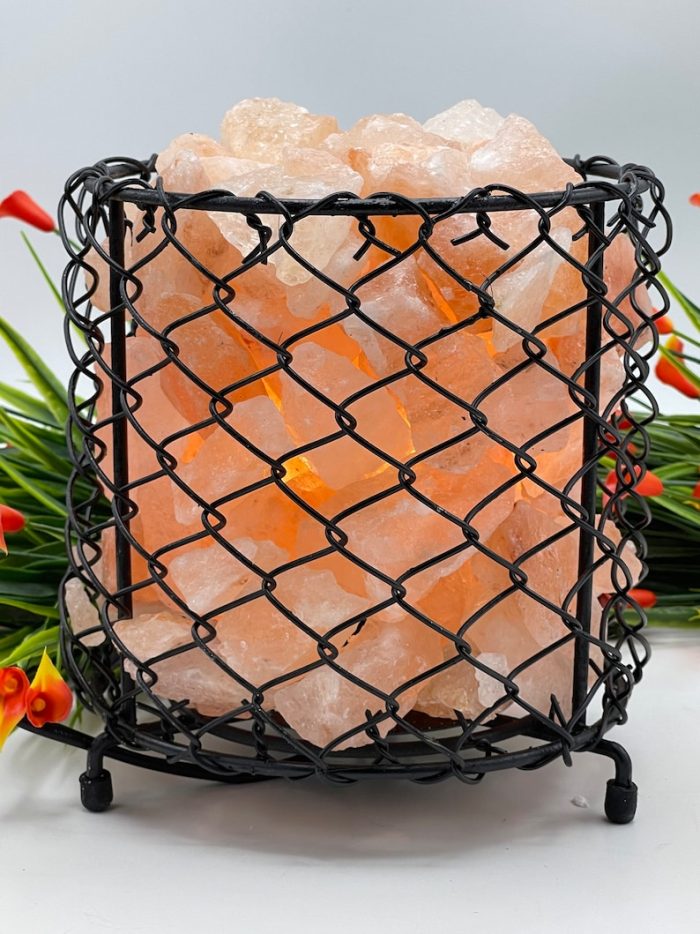 Himalayan Salt Lamp Iron Basket with Pink Salt Chunks, Night Light, Home Decor, 7" Height, Electric Cord & Bulbs Included