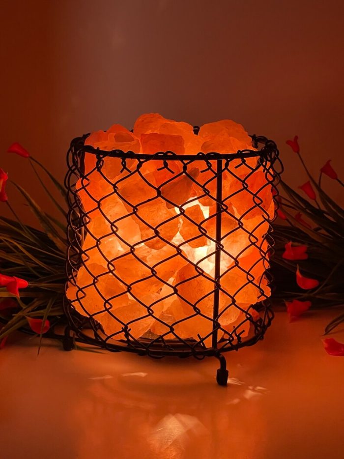 Himalayan Salt Lamp Iron Basket with Pink Salt Chunks, Night Light, Home Decor, 7" Height, Electric Cord & Bulbs Included